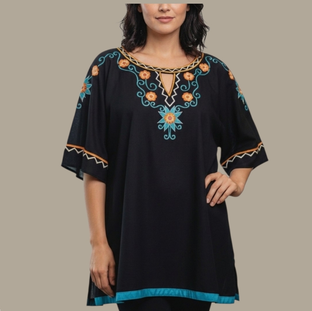 Tunique Boho Cold Shoulder Embroidered Tunic Top M